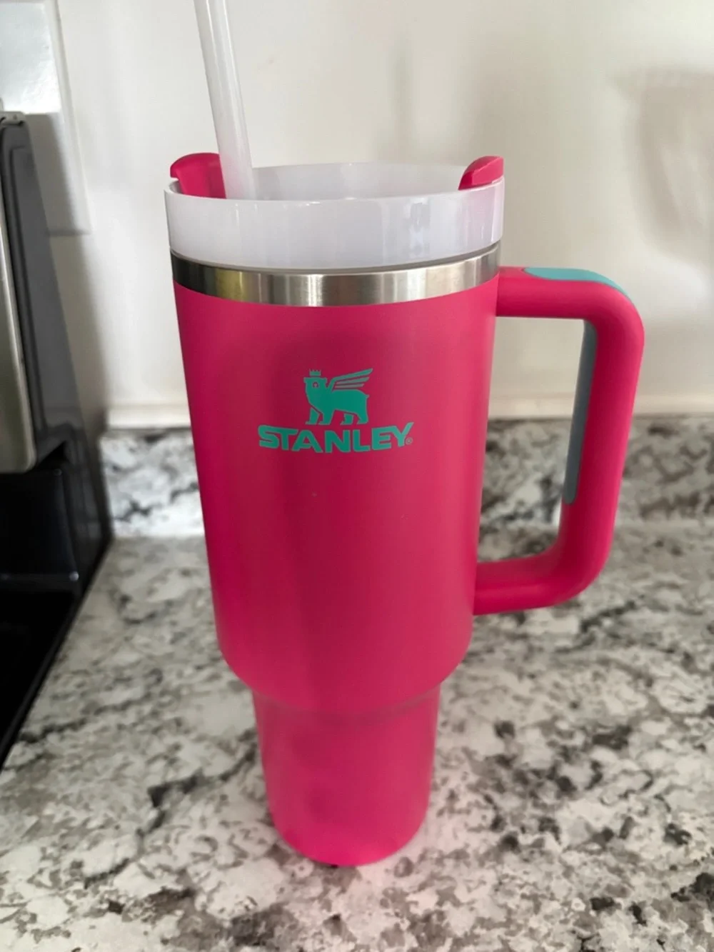 Stanley Hot Pink Travel Mug with Teal Logo and Handle Accents - Picture 1 of 8